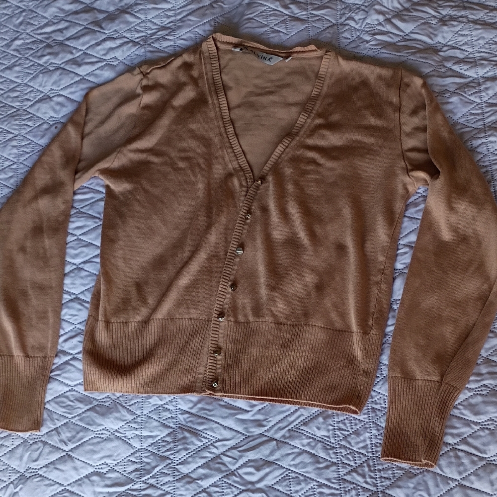 Alvina Valenta Tan Cardigan Sweater V-Neck Knit